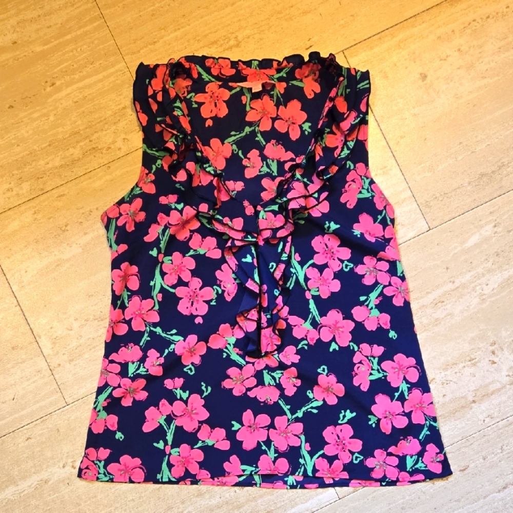 Lilly Pulitzer Navy/Pink Allison Floral Scoop Neck Ruffle Trim Sleeveless Top